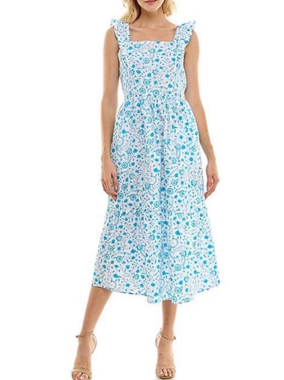 Draper James Ruffle Sleeve Dress Womens Size M Blue Floral Paisely
